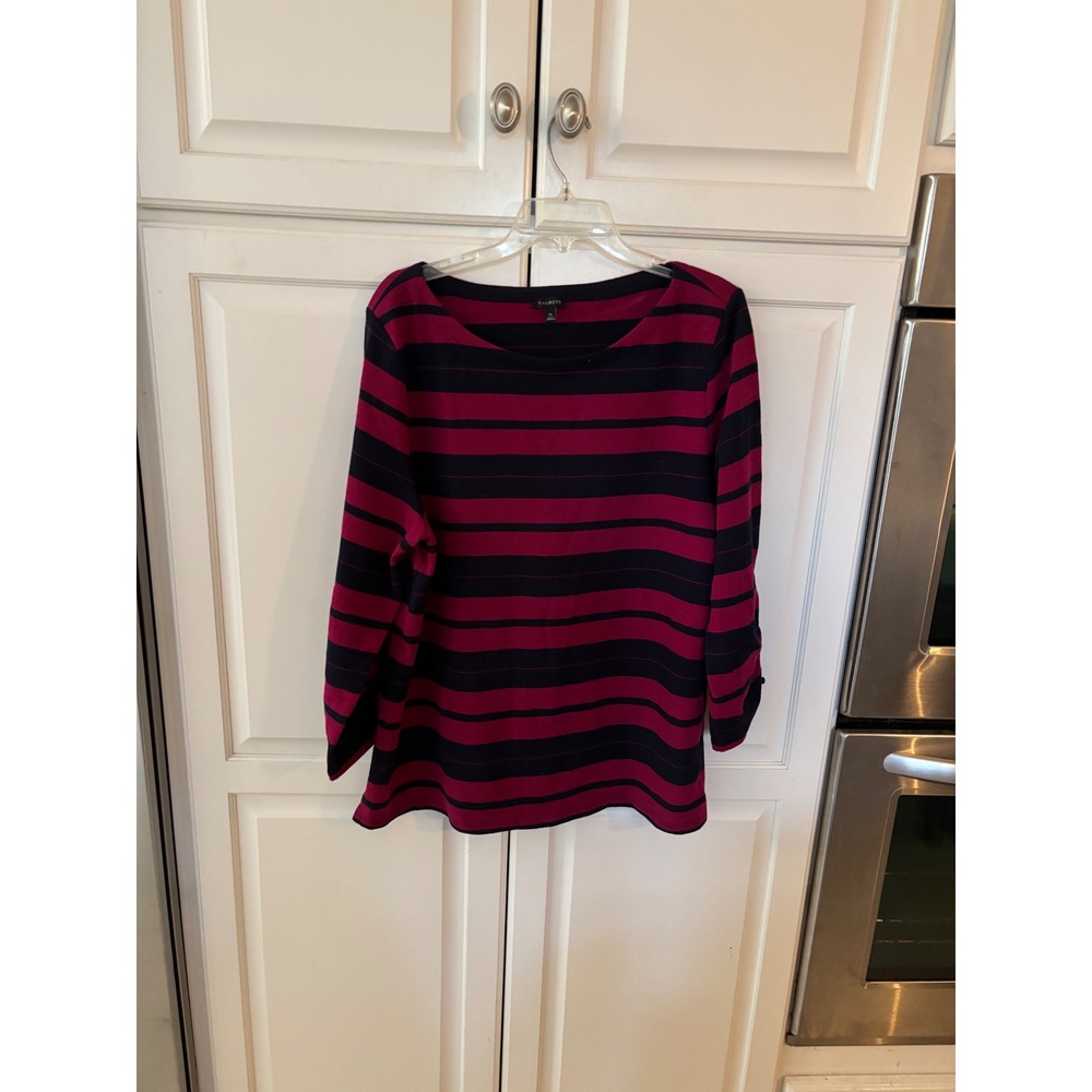 Talbots Womens XL Pink Navy Striped Boat Neck Cotton Top Ruched Tie Sleeve